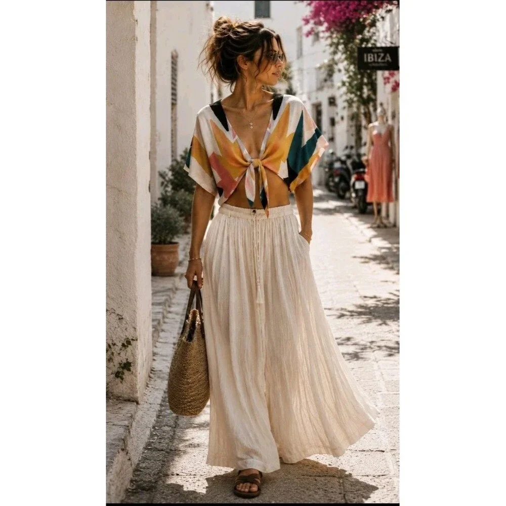 Mara Hoffman Swim Majorca Print Tie Front Crop Top Small Resort Beach Cover Up